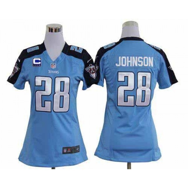 Women's Titans #28 Chris Johnson Light Blue Team Color With C Patch Stitched NFL Elite Jersey