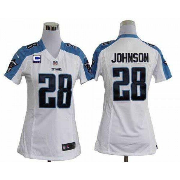 Women's Titans #28 Chris Johnson White With C Patch Stitched NFL Elite Jersey