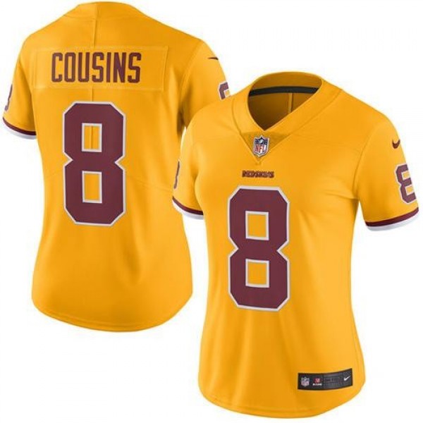Women's Redskins #8 Kirk Cousins Gold Stitched NFL Limited Rush Jersey