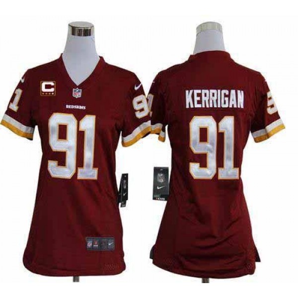 Women's Redskins #91 Ryan Kerrigan Burgundy Red Team Color With C Patch Stitched NFL Elite Jersey